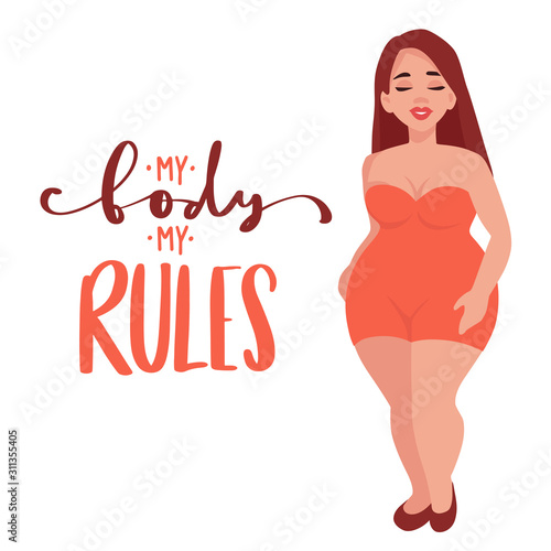 Body positive vector illustration. Happy overweight girl in flat style.