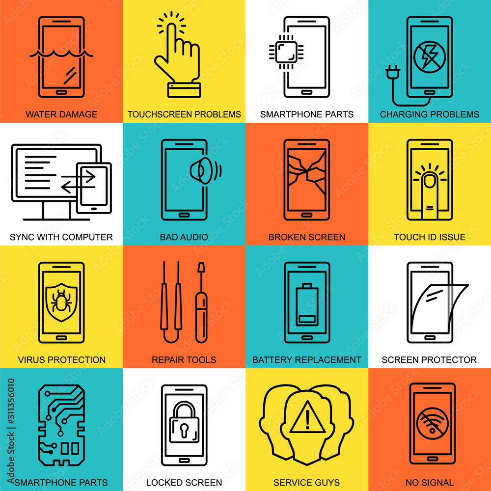 Mobile repair service line style icons set. Phone fix pattern