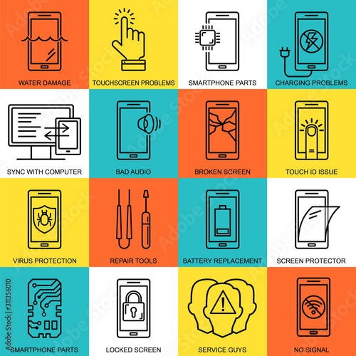 Mobile repair service line style icons set. Phone fix pattern. Smartphone common issues, repair and accessories logos. Mobile service thin line logotype and symbols. Electronic equipment, technology.