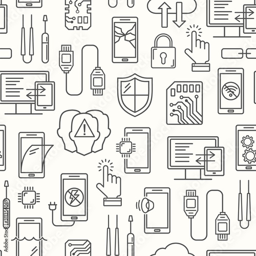 Mobile repair service, phone fix seamless pattern.  Smartphone common issues, repair and accessories background. Mobile service thin line logotype and symbols. Electronic equipment, technology