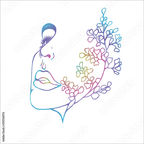 Color illustration of a profile of a girl with double exposure, ginkgo biloba as an extension of her face. Abstraction.