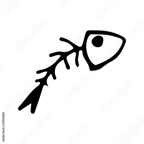 Black and wnite doodle sketch. Fish skeleton with the head.