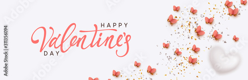 Happy Valentine's Day. Romantic background design with butterflies, white hearts and glitter confetti. Flying pink butterfly. Greeting card, banner, web poster. Festive vector illustration.
