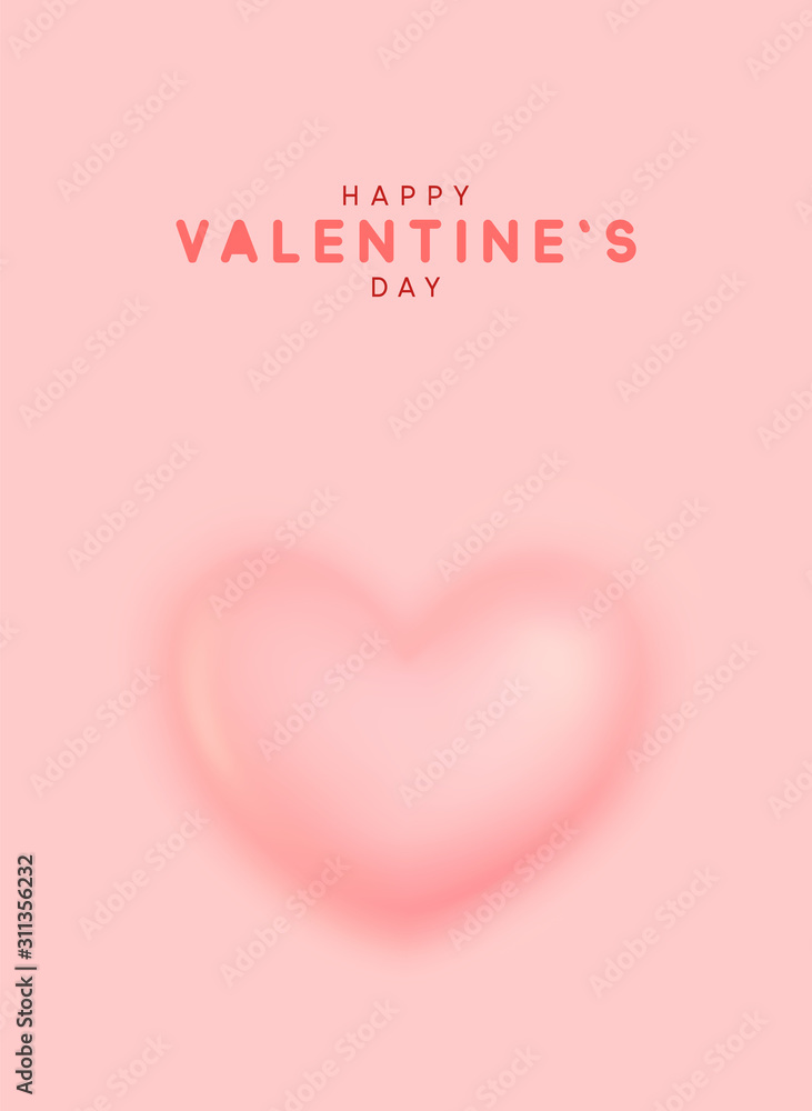 Happy Valentine's Day. Romantic design composition, realistic 3d heart pink color, convex shape curves outward. Holiday gift card. vector illustration
