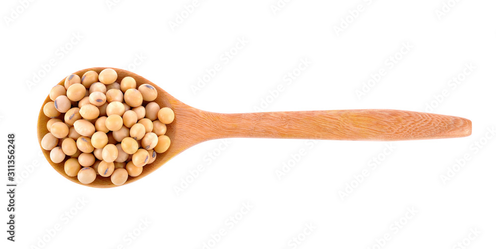 soybeans in wooden spoon on white background soybeans in wooden spoon on white background