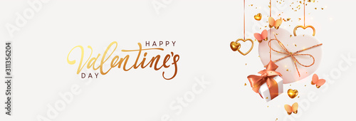 Valentine's Day. Background with realistic festive gifts box. Romantic present. white boxes with beige ribbon gift surprise, Golden 3d hearts, glitter gold confetti. Decorative flying pink butterflies