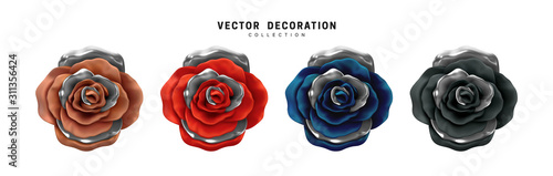 Flower Rose, buds set isolated on white background. Roses 3d Multicolored Chameleon color. Collection of vector decorative design elements.