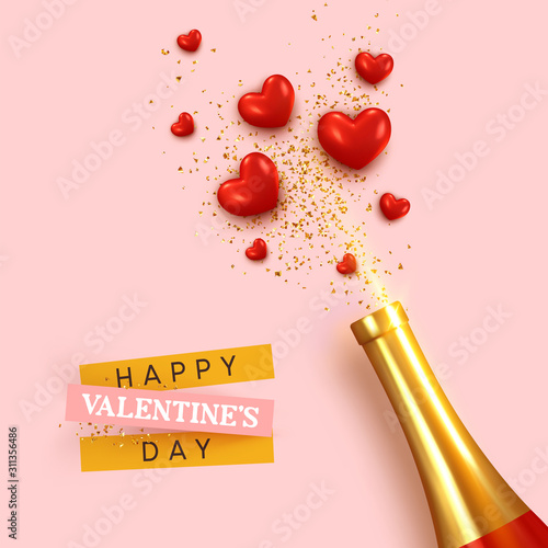 Happy Valentine's Day. Romantic design, realistic bottle champagne wine, explosion with red hearts and glitter gold confetti. holiday gift card, elegant invitation for party. Banner, web poster