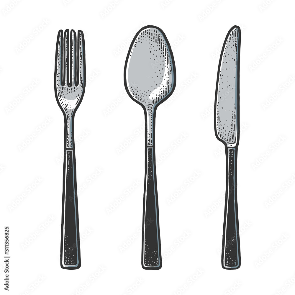 Cutlery set fork knife spoon sketch engraving vector illustration. T ...