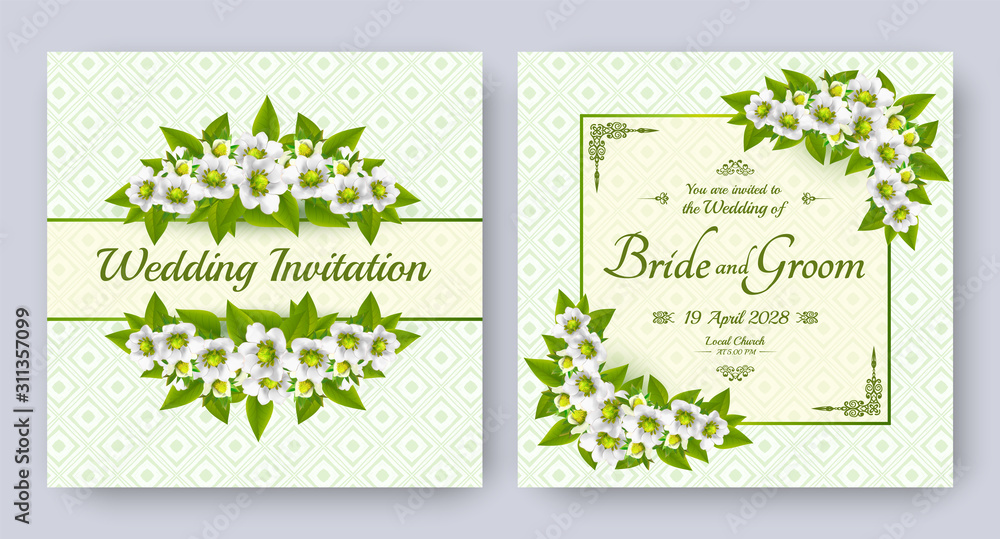 Wedding invitation with white flowers, buds and leaves on green patterned background. Floral vector card set for bridal shower, save the date and other marriage celebration. Spring motive