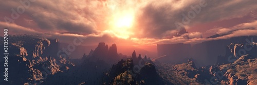 Panorama of volcanic mountains at sunset, alien landscape, 3D rendering.