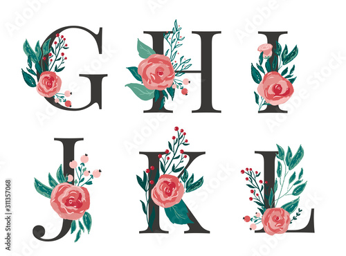 Set of floral monogram letters G, H, I, J, K, L with red vector roses flowers and berries for cards, wedding stationery, invitations and banners decoration