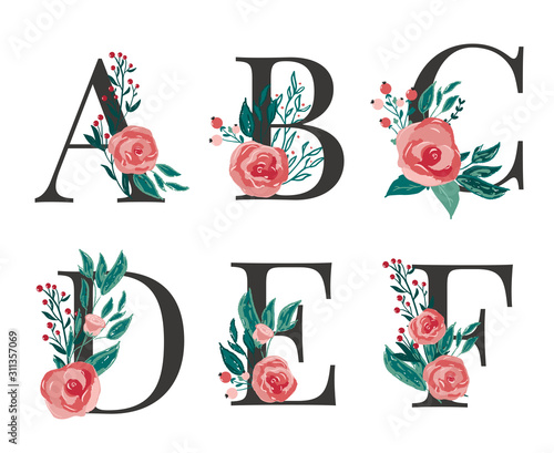 Set of floral monogram letters A, B, C, D, E, F with red vector roses flowers and berries for cards, wedding stationery, invitations and banners decoration