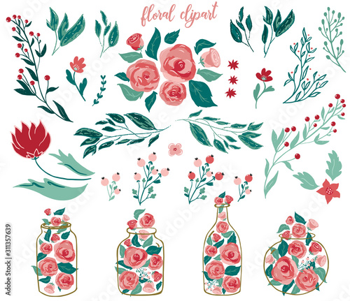 Collection of vector floral elements, roses flowers, leaves, branches, bottles and jars for wedding stationery, invitations, banners, cards, posters isolated on white