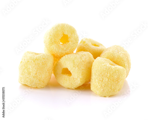Crunchy corn snacks milk flavour on white background