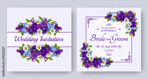 Wedding invitation with flowers of realistic purple viola, strawberry and forget-me-not on patterned background. Floral vector square card set for bridal shower, save the date and marriage celebration
