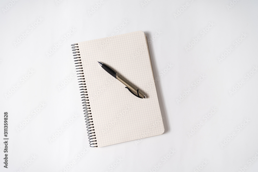 Pen on a blank page of an open notebook. White background. Creativity, muse, plans Pen on a blank page of an open notebook. White background. Creativity, muse, plans