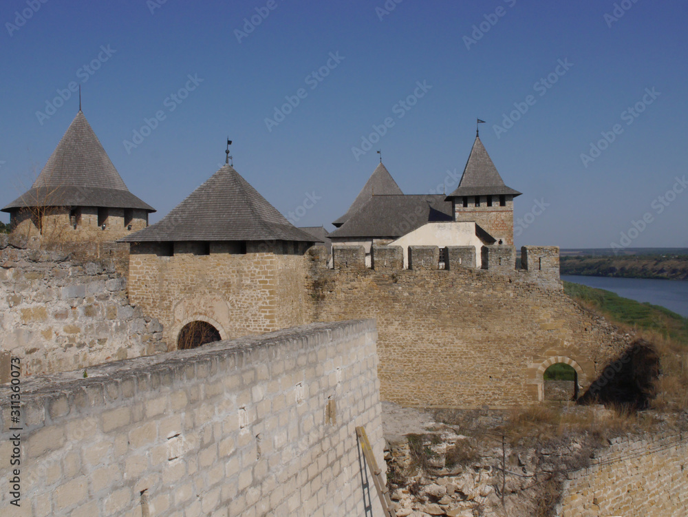 Khotyn fortress on the right bank of the Dniester River in western Ukraine. Main gate of Khotyn fortress.