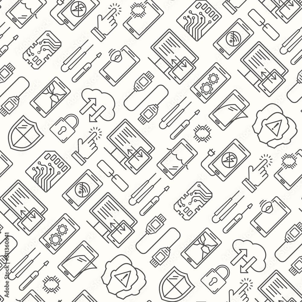 Mobile repair service, phone fix seamless pattern. Smartphone common issues, repair and accessories background. Mobile service thin line logotype and symbols. Electronic equipment, technology Mobile repair service, phone fix seamless pattern. Smartphone common issues, repair and accessories background. Mobile service thin line logotype and symbols. Electronic equipment, technology