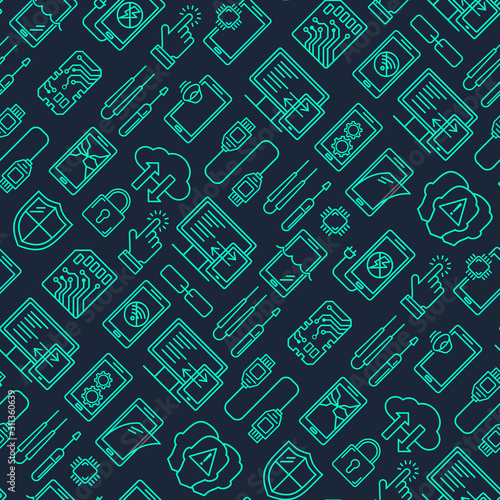 Mobile repair service, phone fix seamless pattern. Smartphone common issues, repair and accessories background. Mobile service thin line logotype and symbols. Electronic equipment, technology
