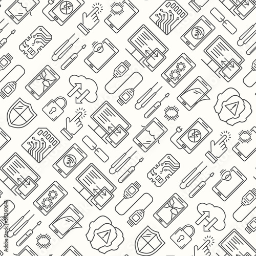 Mobile repair service, phone fix seamless pattern. Smartphone common issues, repair and accessories background. Mobile service thin line logotype and symbols. Electronic equipment, technology
