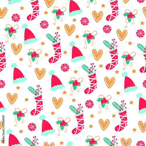 Seamless Christmas pattern . Vector winter background with holiday's items