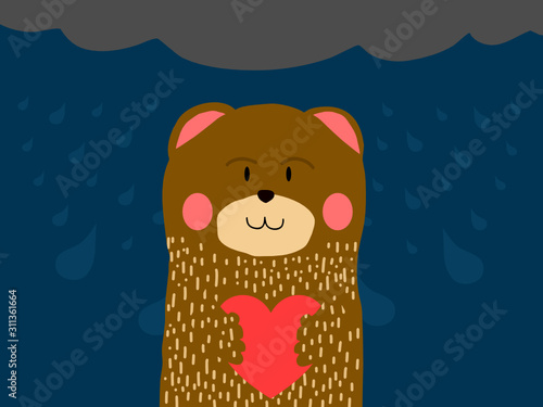 brown bear is holding big red heart with raniny cloud and raindrop background, Valentine's day concept