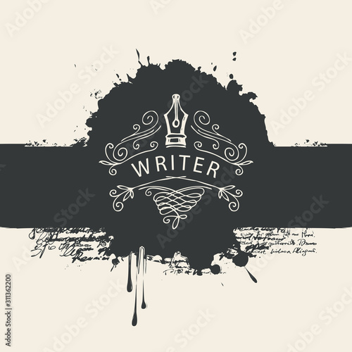 Vector banner with writer logo and abstract black stains in retro style. Artistic illustration with ink pen, black blobs and splashes