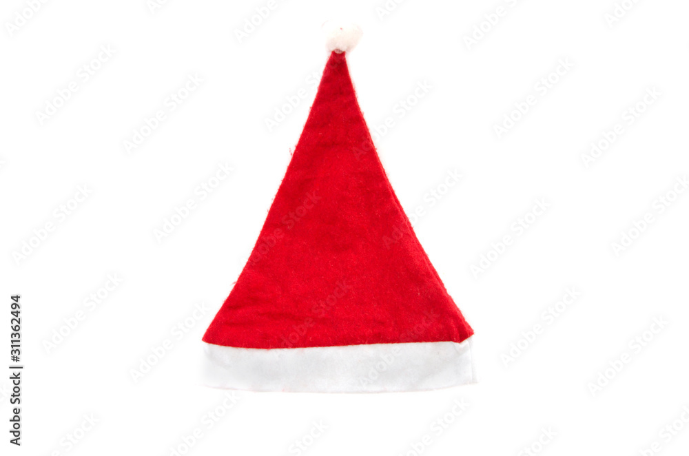 Santa red hat isolated on a white background. View from above. Close-up. Santa red hat isolated on a white background. View from above. Close-up.