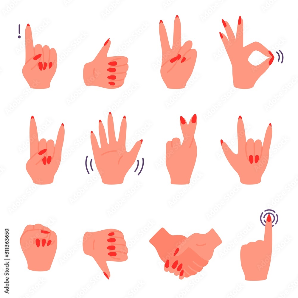 Fototapeta premium Woman hand gestures with red nails manicure set isolated on white background. Thumb up and ok, peace and attention, like and dislike. Vector cartoon flat illustration.