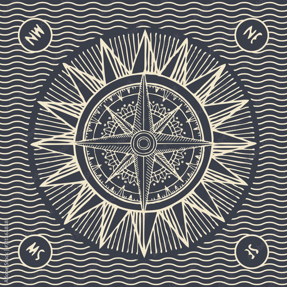 Hand-drawn illustration on the theme of travel, adventure and discovery on the background with waves. Vector banner with sun, wind rose and old nautical compass in retro style on dark background