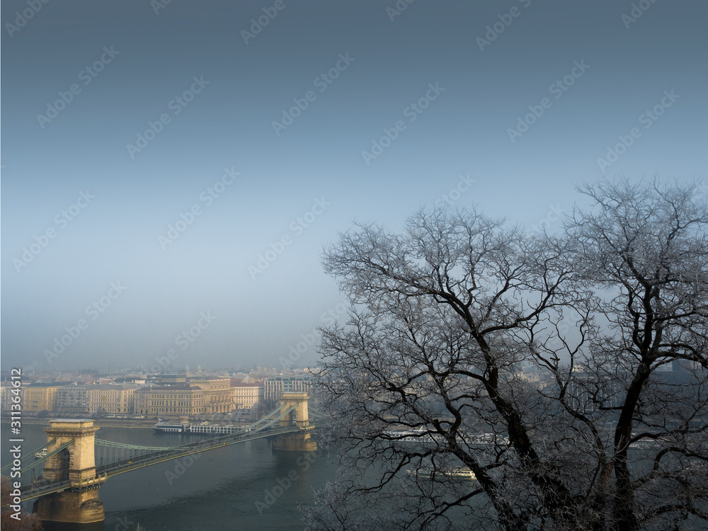 famous chain bridge in Budapest in the winter time famous chain bridge in Budapest in the winter time