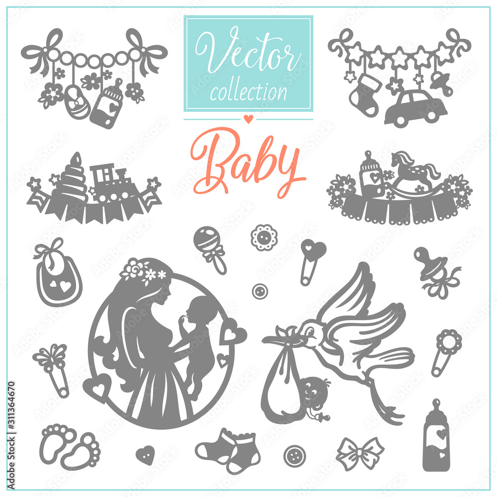 Fototapeta premium Pregnancy and Baby. Baby Shower. Set of hand drawn baby and newborn doodle for icon, banner. Newborn care. Vector illustration