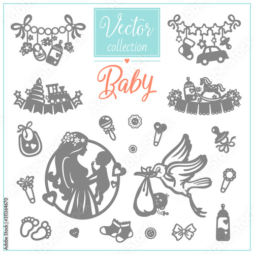 Pregnancy and Baby. Baby Shower. Set of hand drawn baby and newborn doodle for icon, banner. Newborn care. Vector illustration