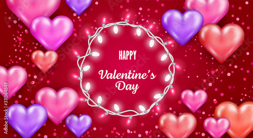 Valentine's day greeting card vector illustration. 3d glosssy pink hearts and electric bulb garland poster to show personal affections and romantic feelings. Luxurious, exciting, sweet banner. photo