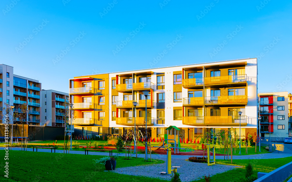 Apartment residential house facade architecture and kids playground reflex Apartment residential house facade architecture and kids playground reflex