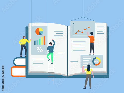 People who put graphics and work together and make book flat design style illustration minimal vector on blue background