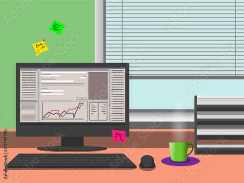 Office workplace near the window, the computer, desk document organizer and the cup of tea