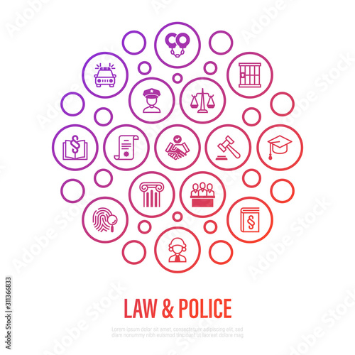 Law and police concept in circle shape. Policeman, judge, prosecutor, lawyer, court, prison, fingerprint, conviction, evidence flat line icons. Vector illustration, template for mailing.