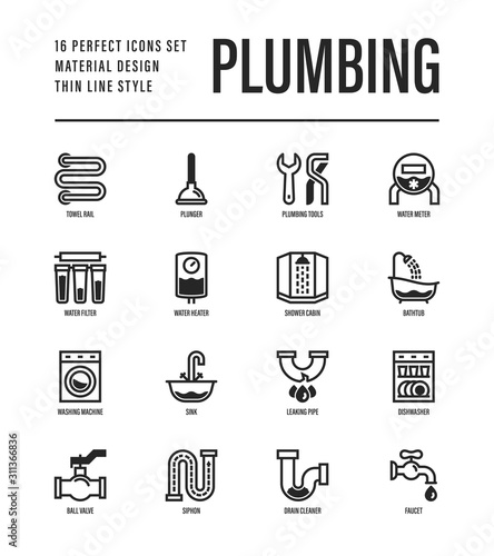 Plumbing thin line icons set. Water meter, bathtub, sink, water filter, faucet, washing machine, dishwasher, siphon, shower cabin, pipe, ball valve. Vector illustration.