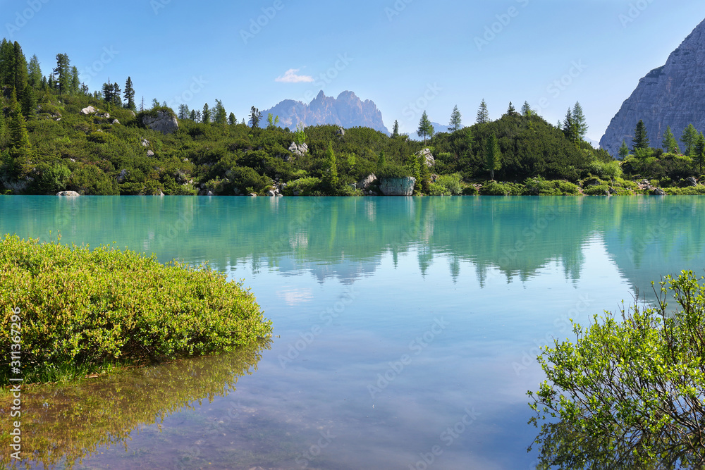 Turquoise Sorapis Lake with Dolomite Mountains, Italy, Europe