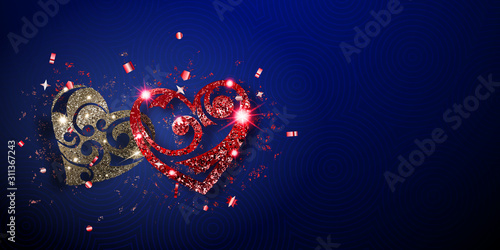 Valentine's day card with two shiny hearts of silver and red sparkles with glares and shadows on blue background