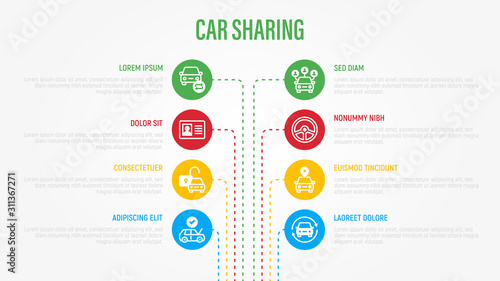 Car sharing infographics with thin line icons in circles. Business data visualization. Driver license, key, car inspection, open and close car, sync. Vector illustration for presentation.