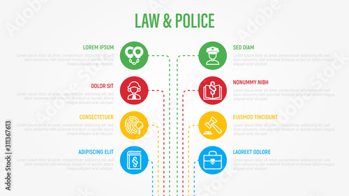Law and police infographics with thin line icons in circles. Data visualization. Policeman, judge, prosecutor, lawyer, court, prison, fingerprint, evidence flat line icons. Vector illustration.