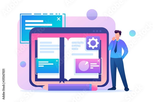 Young man studies the materials of the lessons in electronic form. Flat 2D character. Concept for web design