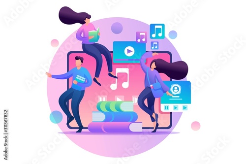 Young people on distance learning, use gadgets to study. Flat 2D character. Concept for web design
