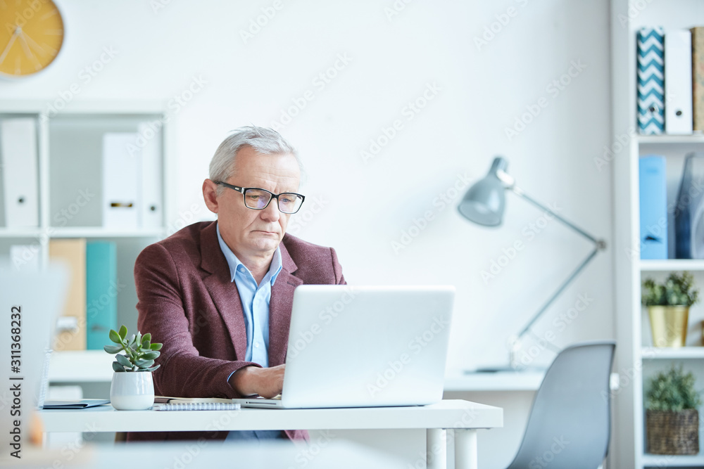Serious senior businessman in eyeglasses sitting at his workplace and working on laptop computer at his office Serious senior businessman in eyeglasses sitting at his workplace and working on laptop computer at his office