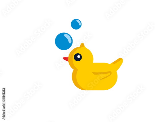 Yellow rubber duck with bubble on the white background
