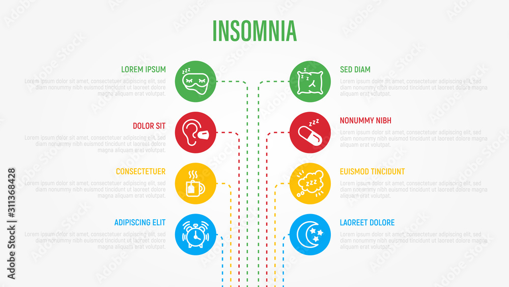 Naklejka premium Insomnia infographics with thin line icons in circles and copy space near. Medical data visualization. Alarm clock, sleeping mask, comfortable pillow, earplug, pills. Vector illustration.