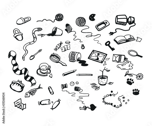 Black and white set of hand drawn broken domestic objects.